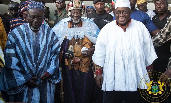  President Nana Addo Dankwa Akufo-Addo and Yaa- Naa Abukari (middle) being escorted by an elder of the Gbewah Palace to the durbar to mark the Damba Festival in Yendi last Saturday.
