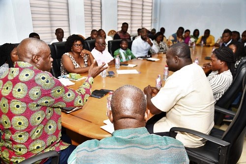 Dr Ibrahim Mohammed Awal (left), the Minister of Business Development, addressing the 40 under 40 entrepreneurs in his office.  Picture: EBOW HANSON  