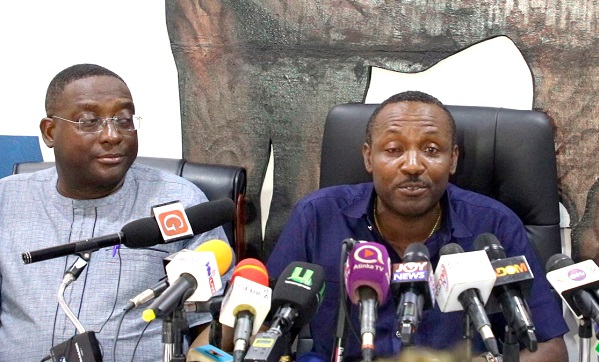  Mr John Boadu (right), NPP’s General Secretary addressing the media. With him is Mr Yaw Buaben Asamoah, Communications Director