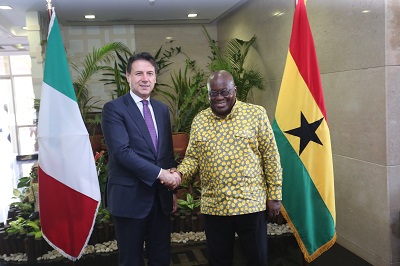 President Nana Addo Dankwa Akufo-Addo welcoming Mr Guiseppe Conte, Prime Minister of Italy at the Jubilee House.Picture by SAMUEL TEI ADANO
