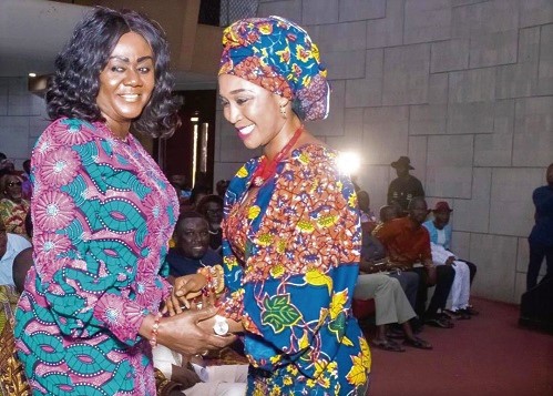 Mrs Barbara Oteng-Gyasi (left) exchanging pleasantries with Ms Barbara  Asher Ayisi, a Deputy Minister for Works and Housing