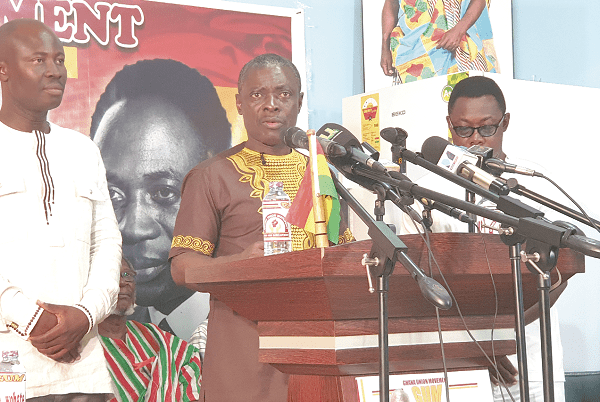  Rev. Christian Andrew (middle) addressing the media in Accra. On his left is Mr Anthony Ahinful, the acting General Secretary