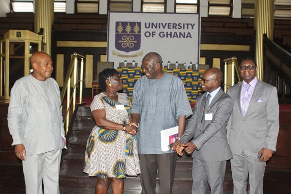 Dr Akosua Agyemang (2nd left), Lecturer, Social Work Department and Centre for Ageing Studies (CFAS), University of Ghana (UG), exchanging pleasantries with Mr Kwesi Quartey (3rd left) after the opening ceremony of the third international conference. Looking on are Prof. Charles Mate-Kole (left), Director, CFAS, UG; Dr Akye Essuman (4th left), Senior Lecturer, CFAS, UG, and Rev Dr Samuel Ayete-Nyampong, Clerk of the General Assembly, Presbyterian Church of Ghana