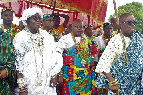 Torgbi  Sri III (middle) Awomefia of Anlo, Awadada Agbesi Awusu II (left) and other chiefs in  procession to the durbar grounds. Picture: GABRIEL AHIABOR 