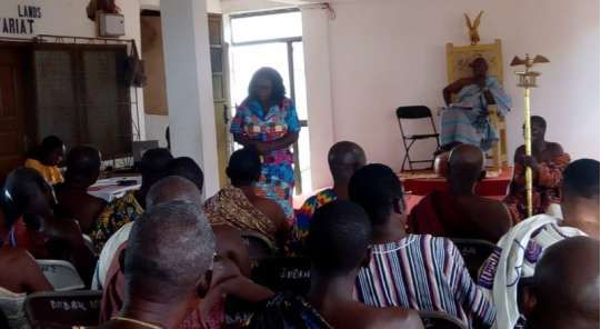 Mrs Ellen Nyarko Appiah-Osei (standing) addressing the chiefs at the workshop