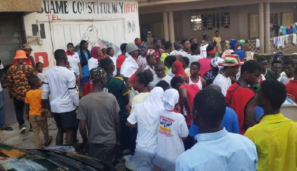 A section of the aggrieved protesters at the Suame Constituency office of the NDC