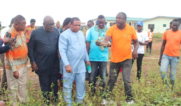 Mr Ebenezer Obeng (3rd right), Chief Executive Officer of the Casa De ROPA  Limited, explaining a point about the potato farm to some board members of the Ghana Exim Bank during a visit to the farm at Winneba in the Central region