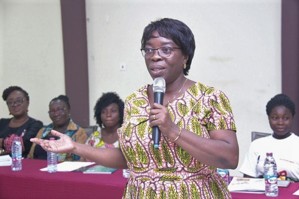 Mrs Patricia Akakpo, Programme Manager, Network for Women’s Right in Ghana, (NETRIGHT), addressing participants in the sensitization workshop for women farmers in Accra.       