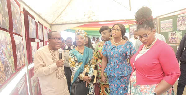 Mr Mawutor Ablo (left), Director, Policy Planning, Monitoring and Evaluation Department (PPMED), Ministry of Gender, Children and Social Protection, briefing Ms Ama Dokuaa Asiamah Agyei (right), a Deputy Minister of Information; Mrs Cynthia Maamle Morrison (2nd right), Ms Freda Prempeh (3rd left), a Deputy Minister of Gender, Children and Social Protection, and Dr Afisa Zakariah (2nd left), Chief Director, Ministry of Gender, Children and Social Protection, after the meet-the-press.