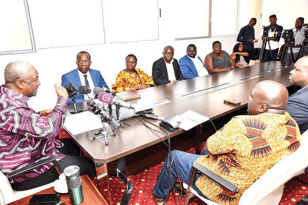 Former President John Dramani Mahama (left) addressing the executive members the GJA during the visit. Picture: EBOW HANSON