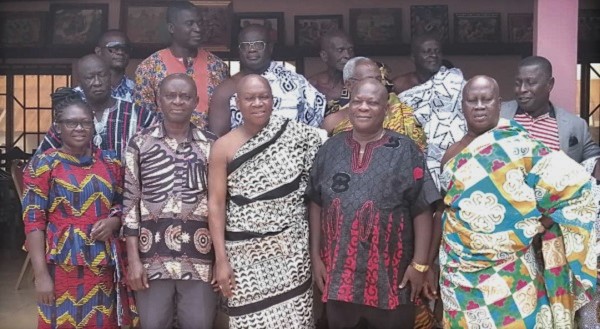  A section of the executive of the Goaso Development Association, including Major Kofi Awuah (2nd right), with Nana Kwasi Bosomprah (middle) and some members of the Goaso Traditional Council after the meeting