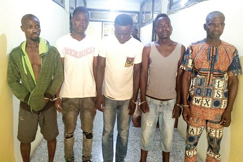 The suspects: From left to right, Edem Fiati, Evans Adzaho, Raphael Agbo, Felix Dupe and Godfred Alorvordz