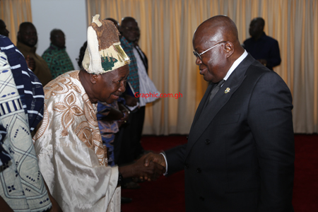 President Nana Addo Dankwa Akufo-Addo welcoming  Pe Charles Awampaga II, Paramount Chief of Paga Traditional Area to the Jubilee House in Accra..Picture by SAMUEL TEI ADANO