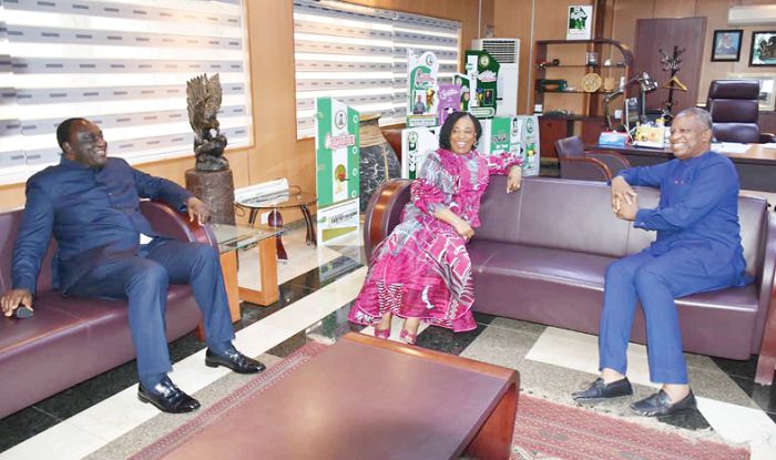  Nigeria's Foreign Minister (right) in a hearty chat with the Ghanaian ministers Mrs Shirley Ayorkor Botchwey (middle) and Mr Allan Kyerematen, the Minister of Trade