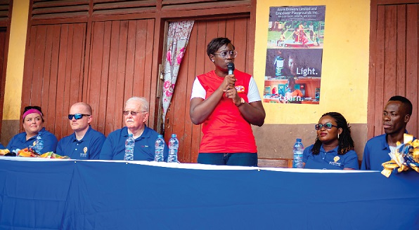  Ms Adwoa Aaba Arthur, the Legal and Corporate Affairs Director of ABL, addressing guests and students gathered at Obosono District Assembly Basic School