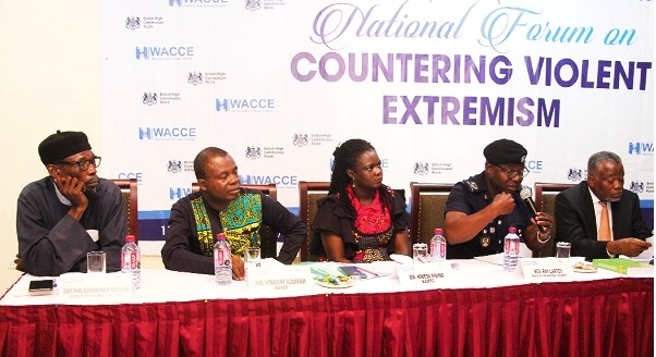  Rev. Ray Lartey (2nd right), Counter-Terrorism Unit, Ministry for National Security, making a contribution at the forum. With him are from left: Sheikh Aremeyao Shuaibu, Spokesperson of the National Chief Imam, Mr Vincent Azumah, Regional Coordinator – Research, Monitoring and Evaluation, West Africa Network for Peace building, Mrs Agyeiwaa Lamptey, Deputy Head of Programme, Faculty of Academic Affairs and Research, KAIPTC, and Colonel Festus Aboagye