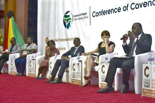 Mr Dorsouma (right) making a point during the closing panel discuss at the Climate Chance Summit. With him are Ms Christel Alvergne (2nd right), Mr Guy Orsot (3rd right) and Ms Titilope Akosa (3rd left). Picture: Nana Konadu Agyeman