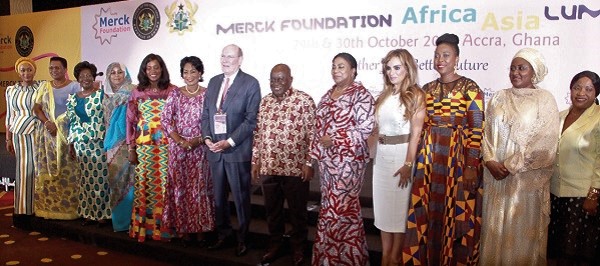 President Akufo-Addo (5th right) with Mrs Rebecca Akufo-Addo (4th right), Dr Rasha Kelej (3rd right), CEO, Merck Foundation, Prof. Stangenbe-Haverkamp (6th right), Chairman, Merck Foundation, and other First Ladies at the conference. 