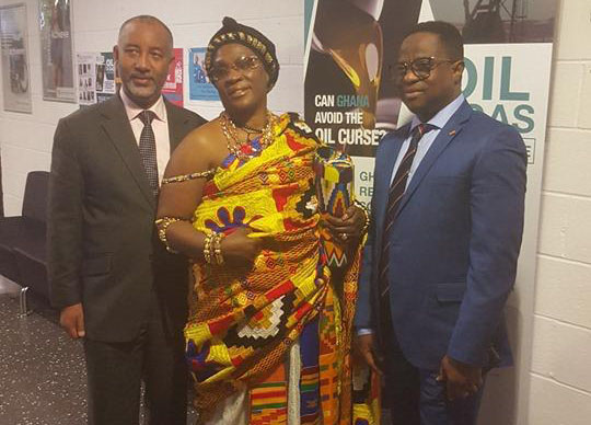 Mr Alex Mould (left), Nanahemaa Amonoo Gyamfuah Debrah  Asantefuo Hemaa of UK & Ireland (middle) and the Minister of Energy, Mr John Peter Amewu at the maiden Oil and Gas Conference at the University of East London in the United Kingdom on Tuesday evening 