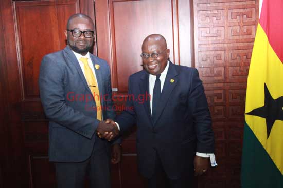 President Nana Addo Dankwa Akufo-Addo in handshake with Mr Kurt Okraku (left), President of the Ghana Football Association when he called on him at the Jubilee House. PICTURES: SAMUEL TEI ADANO