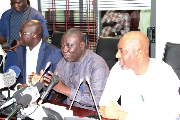  Mr Isaac Adongo (middle), MP for Bolgatanga Central addressing the press. With him are Mr Mohammed  Mubarak Muntaka (right), Minority Chief Whip and Mr Cassiel Ato Forson, Minority Spokesperson on Finance. Picture: Patrick Dickson