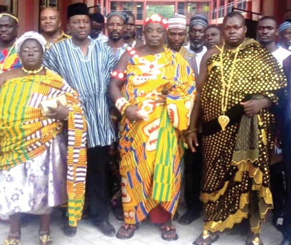  Mr Francis Essel Okyeahene (2nd left) with the Chief of Buduburam, Nana Kojo Essel (middle), and other dignitaries after the inauguration of the school