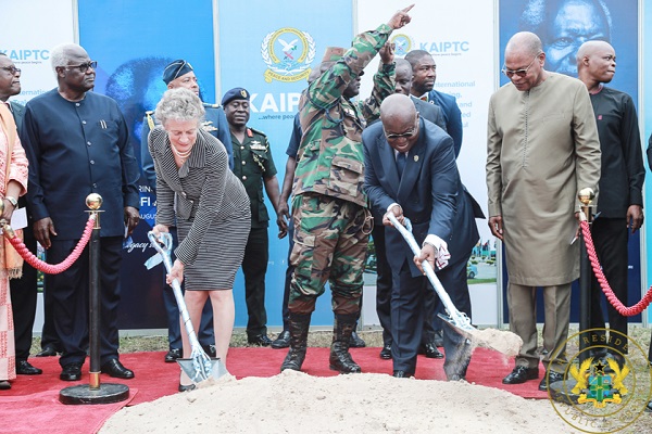  President Akufo-Addo and Nane Maria Annan with shovels symbolically digging the ground for commencement of work on Kofi Annan's monument  in Accra. Picture: SAMUEL TEI-ADANO