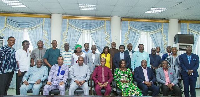 Former President John Mahama (seated 3rd left), Bishop S.M. Mensah (seated 4th right),  some council members and the leadership of the NDC after the meeting