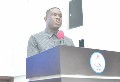 Dr Eric Oduro Osae (left), the Technical Advisor at the Ministry of Local Government &amp; Rural Development, delivering a speech on behalf of the Minister of Finance. Picture: NII MARTEY M. BOTCHWAY