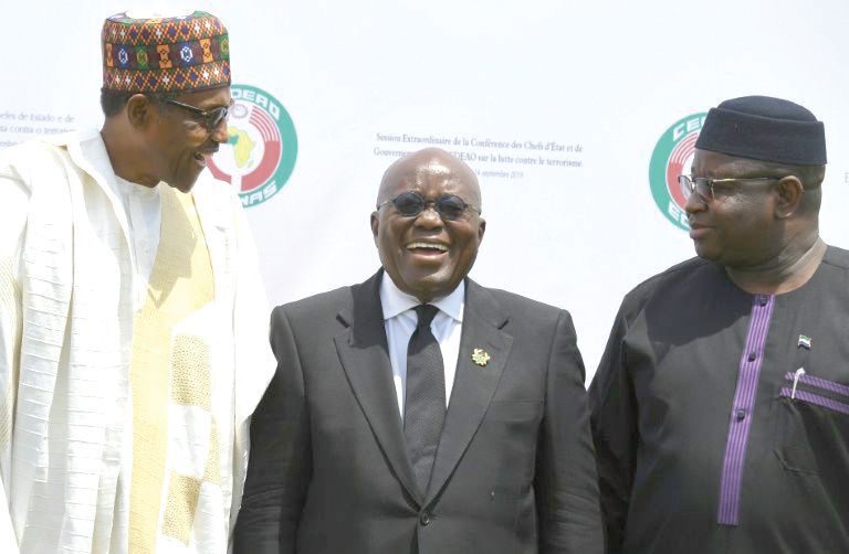Presidents Muhammadu Buhari of Nigeria (left), Nana Addo Dankwa Akufo-Addo (middle) and Julius Maada Bio of Sierra Leone were among the leaders who met in Ouagadougou. Picture: AFP