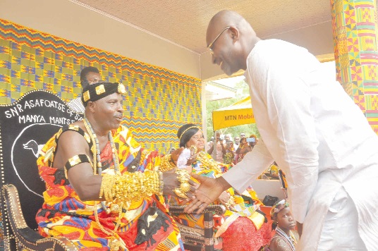 Nene Dr Tei-Djahene Korabo IV, the Senior Asafoatse of Manya Jorpanya, welcoming Mr Kennedy Agyapong to the 21st Ngmayem Festival in the Shai Osudoku Traditional Area. Picture: SAMUEL TEI ADANO
