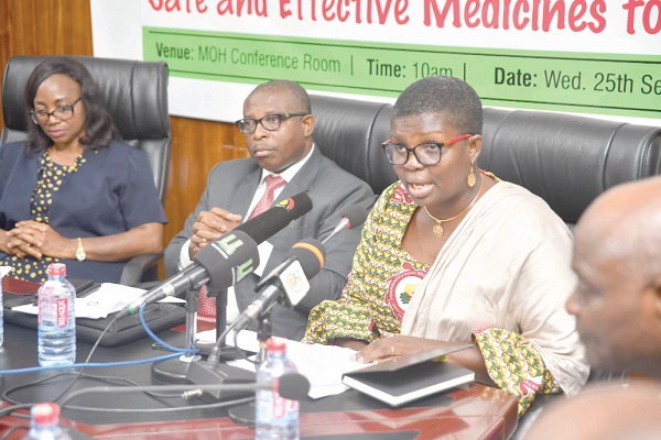  Ms Yvonne Esseku (right), Vice-President of the Pharmaceutical Society of Ghana, speaking at the launch of the World Pharmacy Day at the Conference Room of the Ministry of Health (MOH) in Accra. With her are Mr Alexander Abban (middle), a Deputy Minister of Health, and Ms Joycelyn Aziz, Chief Programme Officer, Pharmacy Unit, MOH 