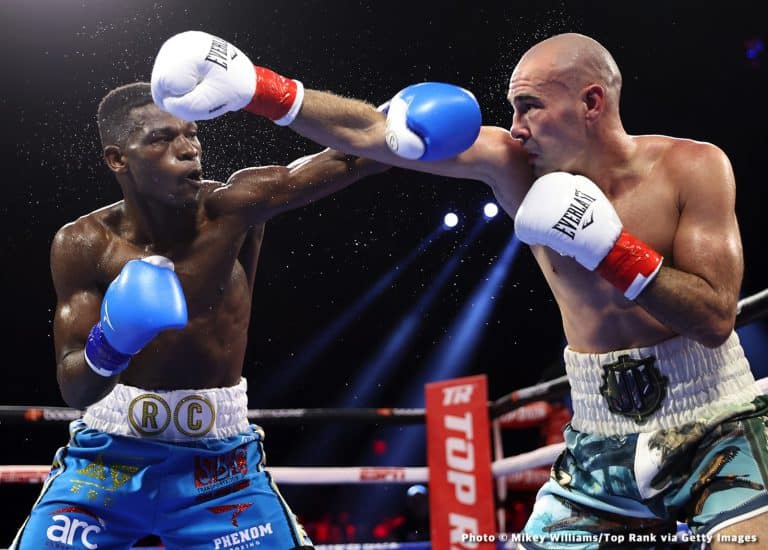 Richard Oblitey Commey (left) and Jose Pedraza counter each other’s Jab in their epic fight in the United States last Saturday