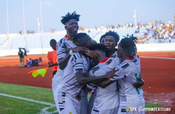 Players of the Black Galaxies celebrating their victory over the Super Eagles in Cape Coast yesterday