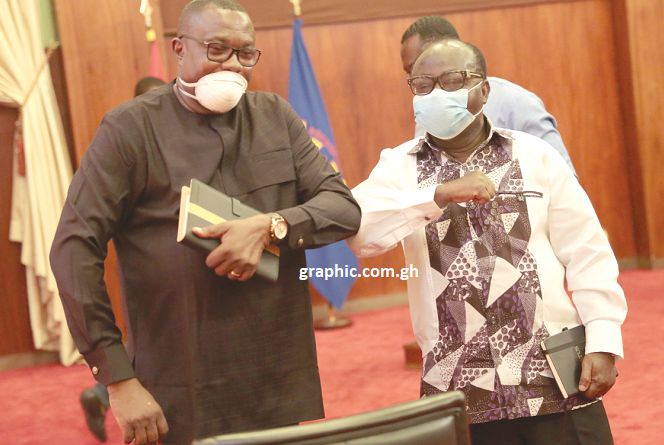 Mr Freddie Blay (right), Chairman, NPP, and Mr Samuel Ofosu Ampofo, Chairman, NDC, at the Jubilee House. Pictures: SAMUEL TEI ADANO