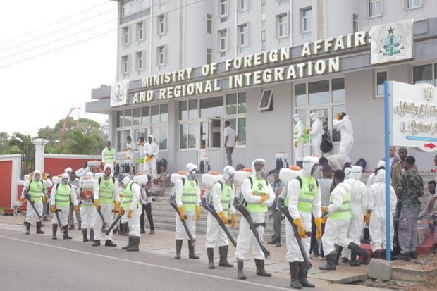 he disinfection team ready to commence the exercise at the Ministry of Foreign Affairs