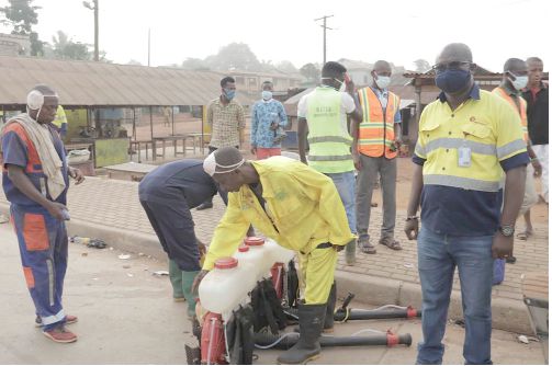 Technical personnel set out for the disinfection exercise at Wassa Nkonya