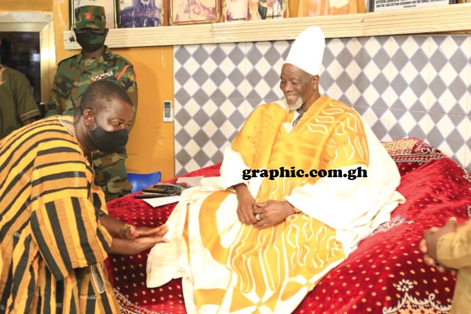 Ya-Na Abukari II welcoming the NADMO Director-General to the Gbewaa Palace in Yendi