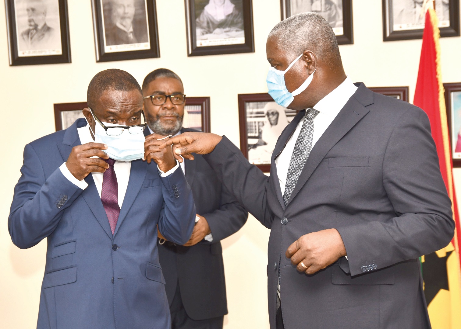 Justice Anin Yeboah (right) interacting with Dr George Agyekum Nana Donkor (2nd right), President, and Mr McDonald Saye Goanue, Vice-President, both of the ECOWAS Bank for Investment and Development, after their meeting. Picture: EBOW HANSON