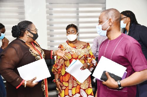 Mrs Tina Mensah (left), Deputy Minister of Health, interacting with Dr Patrick Kuma-Aboagye (right), Director-General of the GHS and Oheneyere Gifty Anti during the virtual launch of the World Breastfeeding week. Picture: EBOW HANSON 