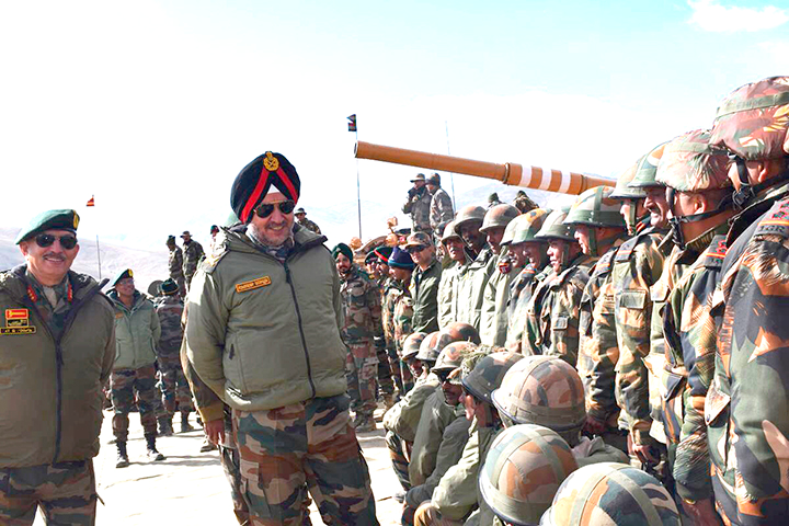 Lieutenant Gen. Ranbar Singh, General Officer Commanding-in-Chief, Northern Command witnesses an exercise by integrated troops of all arms and services in Eastern Ladakh, India