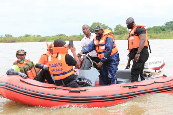 NADMO officials, led by the Director-General, in a simulation exercise on the Lipga Dam in Savelugu