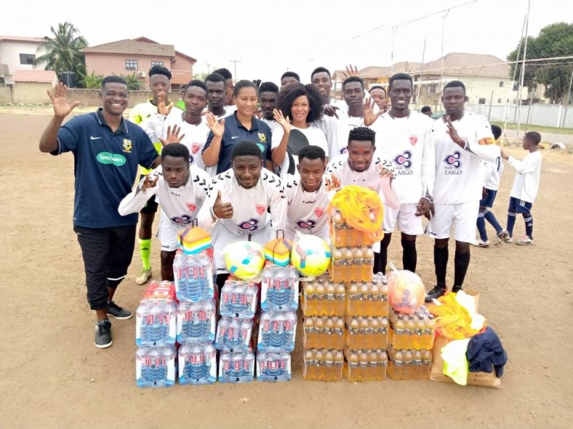 Attamah Larweh donates to Awudu Issaka's Soccer Academy