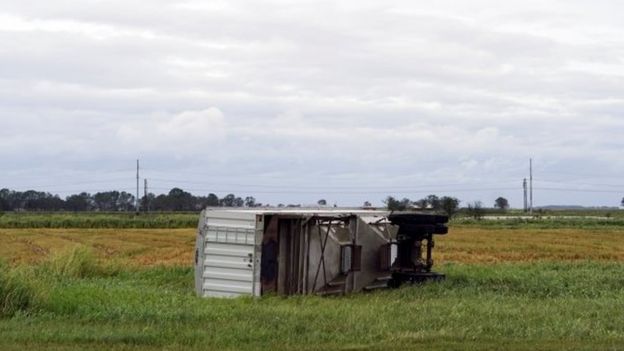 An overturned semi-trailer in Welsh, Louisiana. The winds have caused greater than expected damage