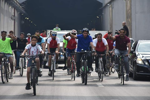 Egyptian Sports Minister leads a cycling marathon in new Port Said Tunnels 
