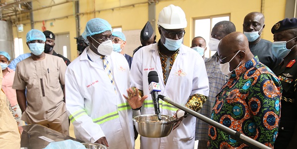 President Nana Addo Dankwa Akufo-Addo (right), being briefed by Dr Frank Adu Asante (2nd right), Director of Production. Looking on is Nana Agyenim Boateng II (3rd right), Managing Director, CPC. Picture: SAMUEL TEI