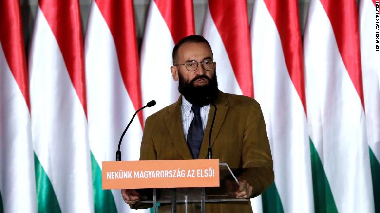 József Szàjer, a senior member of Hungary's ruling Fidesz party, campaigns in Budapest ahead of the European Parliament elections in 2019. 