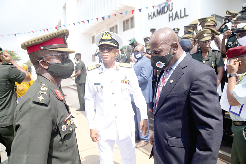 Maj. Gen. Richard Opoku Adusei [retd] (right) with  Rear Admiral Moses Beick-Baffour (middle) and Brig. Gen. A.K. Dawohoso (left), Assistant Commandant, Junior Division, GAFCSC. Picture: NII MARTEY M. BOTCHWAY