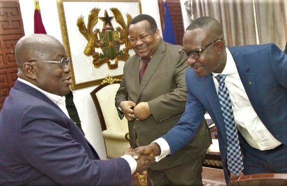 President Akufo-Addo welcoming Dr George Agyekum Nana Donkor (right), President, ECOWAS Bank for Investment and Development, to his office. With them is Mr Bashir Mamman, the immediate past President of the bank.