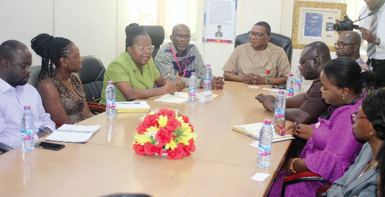  Ms Sally Naa Kai Adoley Adjetey (3rd left) from the International Institute of Tropical Agriculture expressing a point to some members of the Daily Graphic Editorial Board, during a visit to the GCGL in Accra. Those in the picture include Mr Kobby Asmah (head of table), Editor of the Daily Graphic, and Mr Peter Martey Agbeko (4th left), Head of Public Relations at the Ghana Standards Authority. Picture: GABRIEL AHIABOR